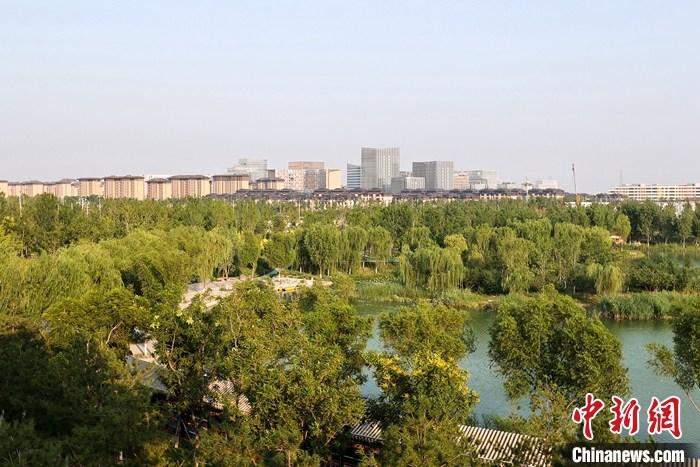 從完成頂層設(shè)計(jì)到如火如荼大規(guī)模建設(shè)，六年來，雄安新區(qū)如春天的竹子一般拔節(jié)生長，這座承載千年大計(jì)的“未來之城”已雄姿初顯。從“一張白紙”開始著墨，如今的雄安新區(qū)已是濃墨重彩的“山水畫”。<a target='_blank' href='/'>中新社</a>記者近日走訪了雄安新區(qū)多地，從“藍(lán)綠金”三色感受這座“未來之城”的巨大變化。圖為7月18日拍攝的河北雄安新區(qū)金湖公園。 <a target='_blank' href='/'>中新社</a>記者 易海菲 攝