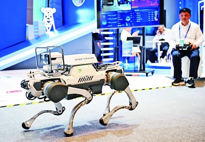  網(wǎng)絡(luò)安全博覽會(huì)上的企業(yè)展示電網(wǎng)巡線機(jī)器狗。新華社記者 鄧華攝